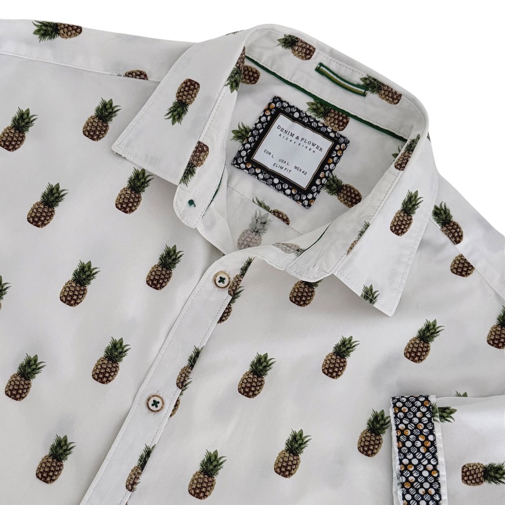 Denim & Flower Ricky Singh Mens Large Slim Fit Pineapple Print Button Down Shirt